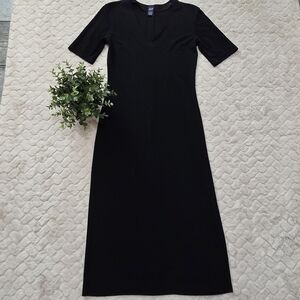 GAP Black Jersey V-Neck Midi Chic Office Sheath Dress, Size Small